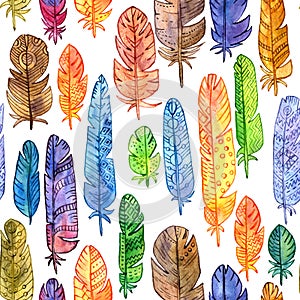 Vector seamless pattern with watercolor feathers