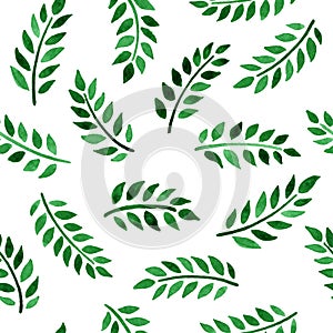 Vector seamless pattern with watercolor green leaves on a white background.