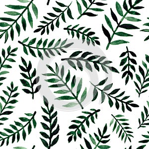 Vector seamless pattern with watercolor green leaves on a white background.