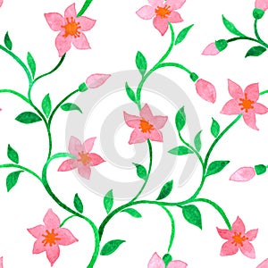 Vector seamless pattern with watercolor pink flowers on a white background.