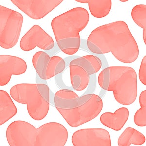 Vector seamless pattern with watercolor pink hearts on white background. Illustration with hand drawn effect