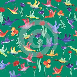 vector seamless pattern watercolor small multicolored birds with flowers. Background for wallpaper, fabric, stationery and