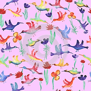 vector seamless pattern watercolor small multicolored birds with flowers. Background for wallpaper, fabric, stationery and
