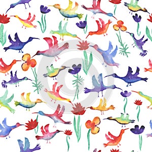 vector seamless pattern watercolor small multicolored birds with flowers. Background for wallpaper, fabric, stationery and