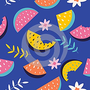 vector seamless pattern with watermelone and palm leaves.