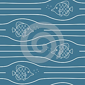 Vector seamless pattern with waves and fishes.