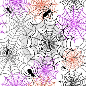 Vector seamless pattern of webs and spiders. Black,orange, lilac ornament for Halloween decoration for Wallpaper, textiles, packag