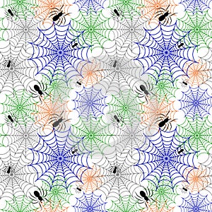 Vector seamless pattern of webs and spiders. Blue, green, orange ornament for Halloween decoration for Wallpaper, textiles, packag