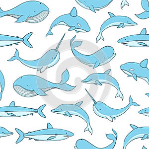 Vector seamless pattern with whale, shark, narwhal and dolphin