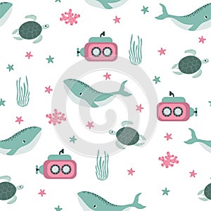 Vector seamless pattern with whale, submarine, turtle, starfish, algae.Underwater cartoon creatures.Marine background