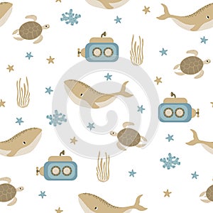 Vector seamless pattern with whale, submarine, turtle, starfish, algae.Underwater cartoon creatures.Marine background