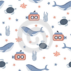 Vector seamless pattern with whale, submarine, turtle, starfish, algae.Underwater cartoon creatures.Marine background