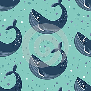 Vector seamless pattern with whales. Repeated texture with marine mammals. Sea background with animals.