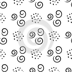 Vector seamless pattern on a white background, black repeating elements of spirals and dots drawn with a brush. Abstraction, lines