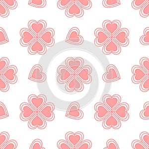 Vector seamless pattern on a white background. Pink hearts. Abstract flowers