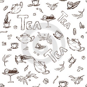 Vector seamless pattern on a white background sketch of items for the tea party. Teapot and cups, candy, lemon, saucer
