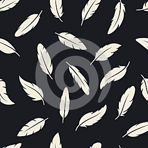 Vector Seamless Pattern with White Different Black Fluffy Feather Silhouettes on Black Background. Design Template of