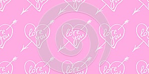 Vector seamless pattern of white doodle hearts with an arrow and lettering love on pink background. Hand drawn texture