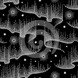 Vector seamless pattern with white dotted swirls of northern or polar light on the black background with stars. Aurora borealis.