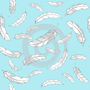 Vector seamless pattern with white falling feathers on a blue background in cute cartoon style. Hand drawn vector illustration