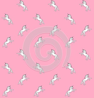 Vector seamless pattern of white hand drawn doodle sketch unicorn on pastel pink background