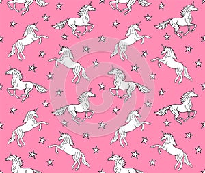 Vector seamless pattern of white hand drawn doodle sketch unicorn on pastel pink background