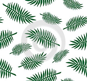 Vector seamless pattern of white hand drawn palm tree leaves silhouette on green background