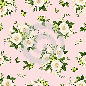 Vector seamless pattern with white roses and freesia flowers on pink.