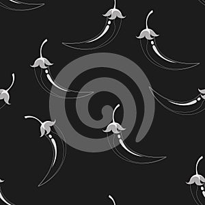 Vector seamless pattern of white silhouette of chili pepper pods on a black background.