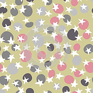 Vector seamless pattern with white stars and multicolored dots . Hand drawn cute doodle illustration