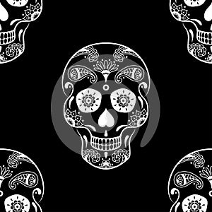 Vector seamless pattern of white sugar skull with floral ethnic ornament on black background