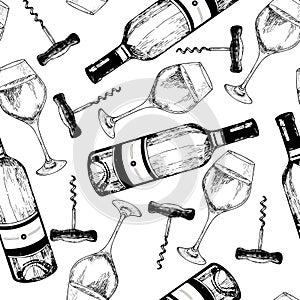 Vector seamless pattern of white wine. Hand drawn engraved objects. Wine bottle, glass and corkscrew.