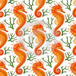 Vector Seamless Pattern whith Seahorse and Coral