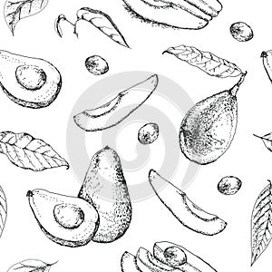 Vector seamless pattern with whole avocado, sliced pieces.