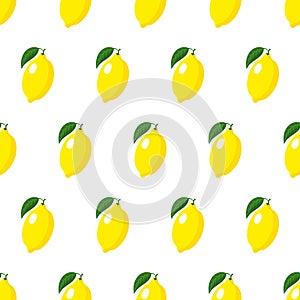 Vector seamless pattern with whole yellow ripe lemon with leaves isolated on white background