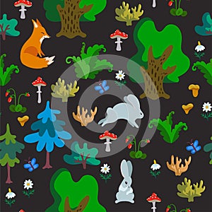 Vector seamless pattern with wild animals in forest. Hand drawn texture with cute cartoon characters, trees and other natural