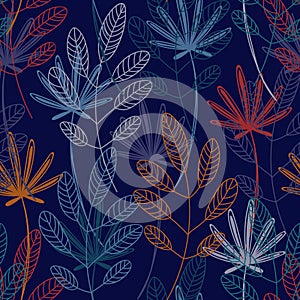 Vector seamless pattern with wild plants, herbs and branches, colorful botanical illustration, floral elements, hand