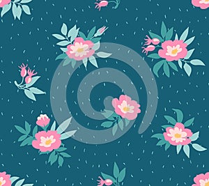 Vector seamless pattern with wild roses on the dark blue background, vintage style.