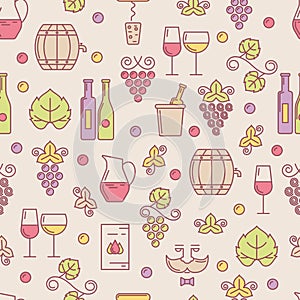 Vector seamless pattern with wine bottle, glass, grape vine, lea