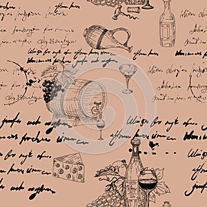 Vector Seamless pattern Wine grape branche, bottles, glasses, unreadable text, wooden barrel, chees, corkscrew. Doodle