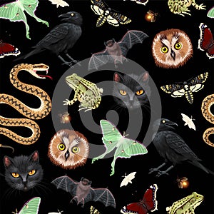 Vector seamless pattern with witchy night creature