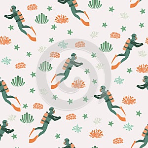 Vector seamless pattern witha diver, algae and starfish .Underwater cartoon creatures.Marine background.Cute ocean