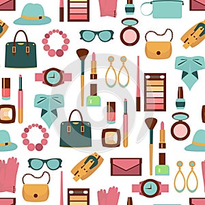 Vector seamless pattern of women accessories and cosmetics