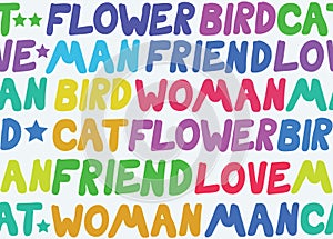 Vector seamless pattern of words on love and peace