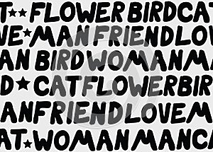 Vector seamless pattern of words on love and peace