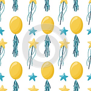 Vector seamless pattern with yellow balloons  green stars and magic wands with star