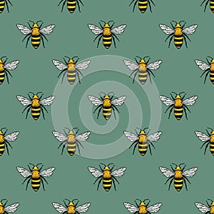 Vector seamless pattern with yellow bees. Handdrawn design