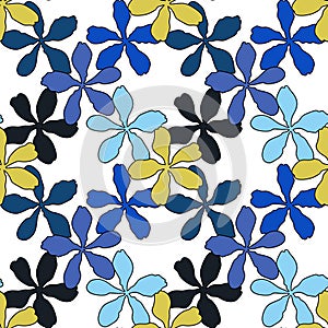 Vector seamless pattern with yellow and blue petal spring flower blossom, illustration abstract flora drawing on white background