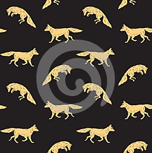 Vector seamless pattern of  yellow hand drawn fox