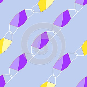 Vector seamless pattern of yellow and lilac medical masks in flat style
